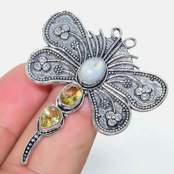 New Rainbow Moonstone & Citrine 925 Silver Dragonfly Ring. - Picture 12 of 12